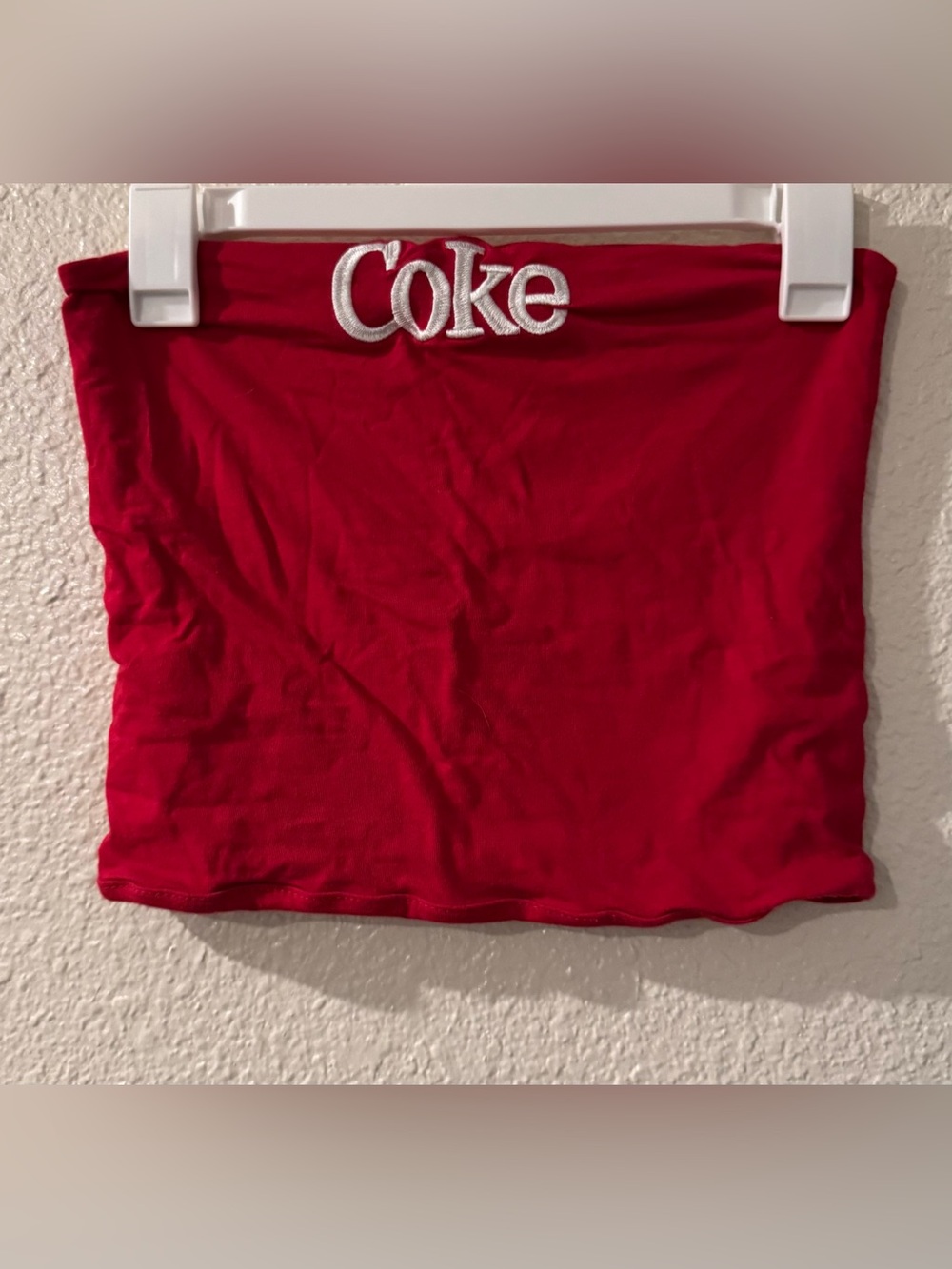 Mighty Fine Red Strapless Tube Top with White 'Coke' Embroidery